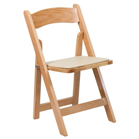 Natural Wood Folding Chair with Tan Vinyl Padded Seat